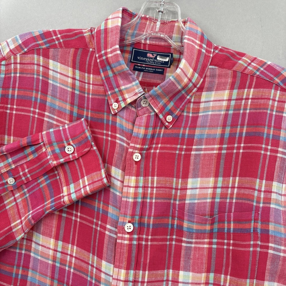 Vineyard Vines Shirt‎ Mens Medium Plaid Slim Fit Murray Linen Button Up Casual